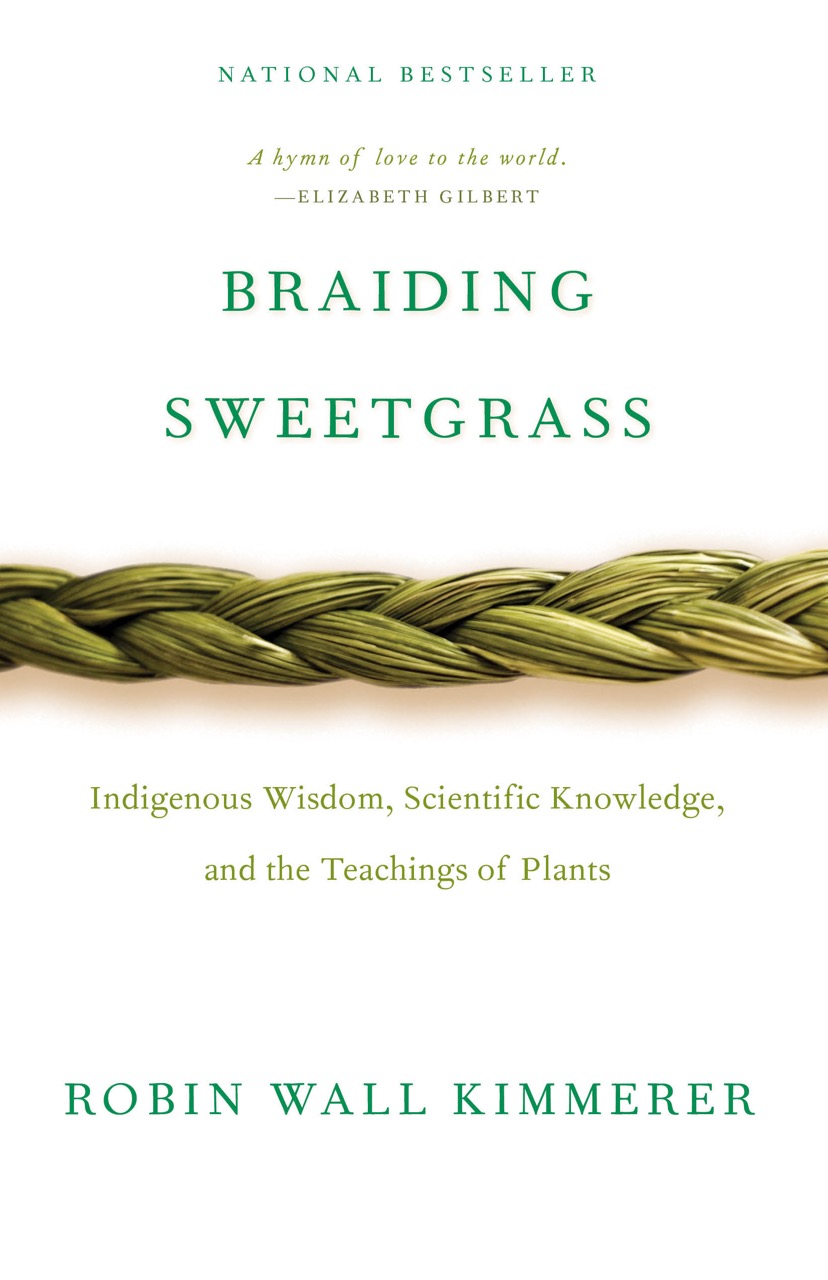Book cover for "Braiding Sweetgrass: Indigenous Wisdom, Scientific Knowledge and the Teachings of Plants" by Robin Wall Kimmerer, featuring three braided strands of sweetgrass on cream background