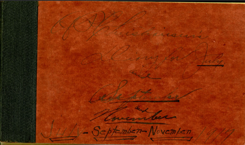 Handwritten cover of A.P. Christiansen's forest ranger daybook labeled July, September, and November 1919