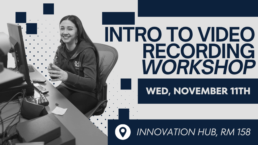 Intro to Video Editing Workshop, Wed, November 11th, Innovation Hub, Rm 158. Smiling woman seated at a desk with a monitor and audio equipment.