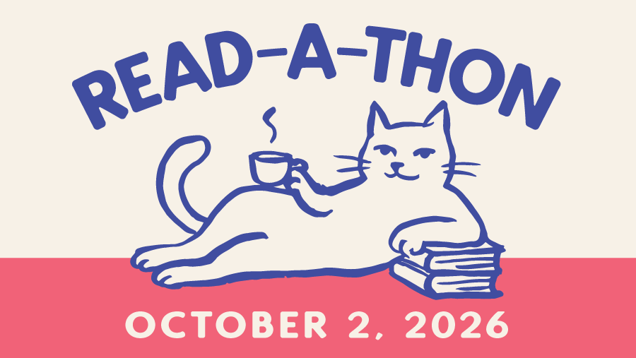 Read-a-thon. cartoon cat holding a  mug and leaning on a stack of books. October 2, 2026.