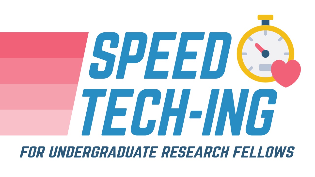 Graphic design featuring "SPEED TECH-ING" in bold blue letters with a yellow stopwatch icon and pink heart. Pink speed lines sweep from the left side. Below reads "FOR UNDERGRADUATE RESEARCH FELLOWS" in navy text. The design conveys urgency and passion around technology instruction for student researchers.