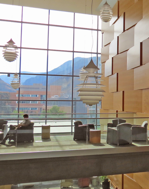 View of library interior overlooking mountains