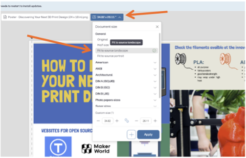 Monitor screenshot selecting document size: landscape or portrait