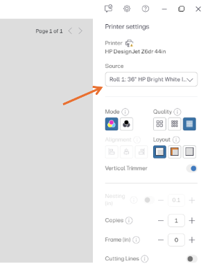 Monitor screenshot of Printer settings for paper source