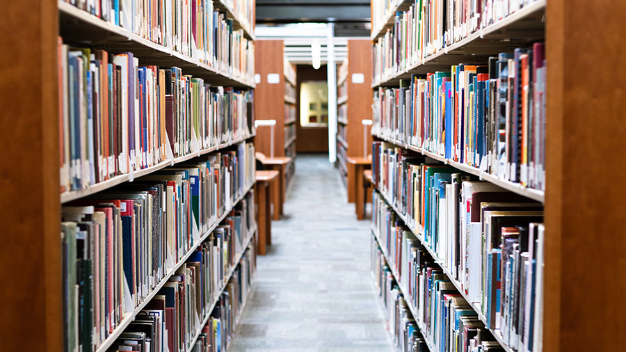 Open hallway of the stacks of books in the library