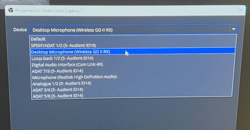 OBS properties selecting the Device for Audio Input to Desktop Microphone (Wireless GO II RX)