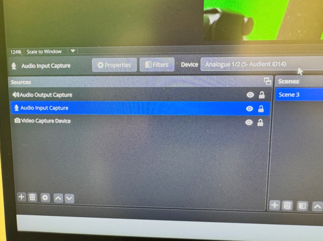 directions highlighting Audio Input Capture and selecting Analague 1/2(5-Audient iD14)