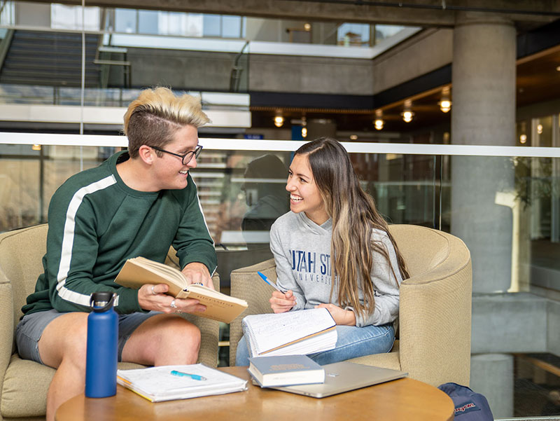 Two students collaborating in the library study spaces