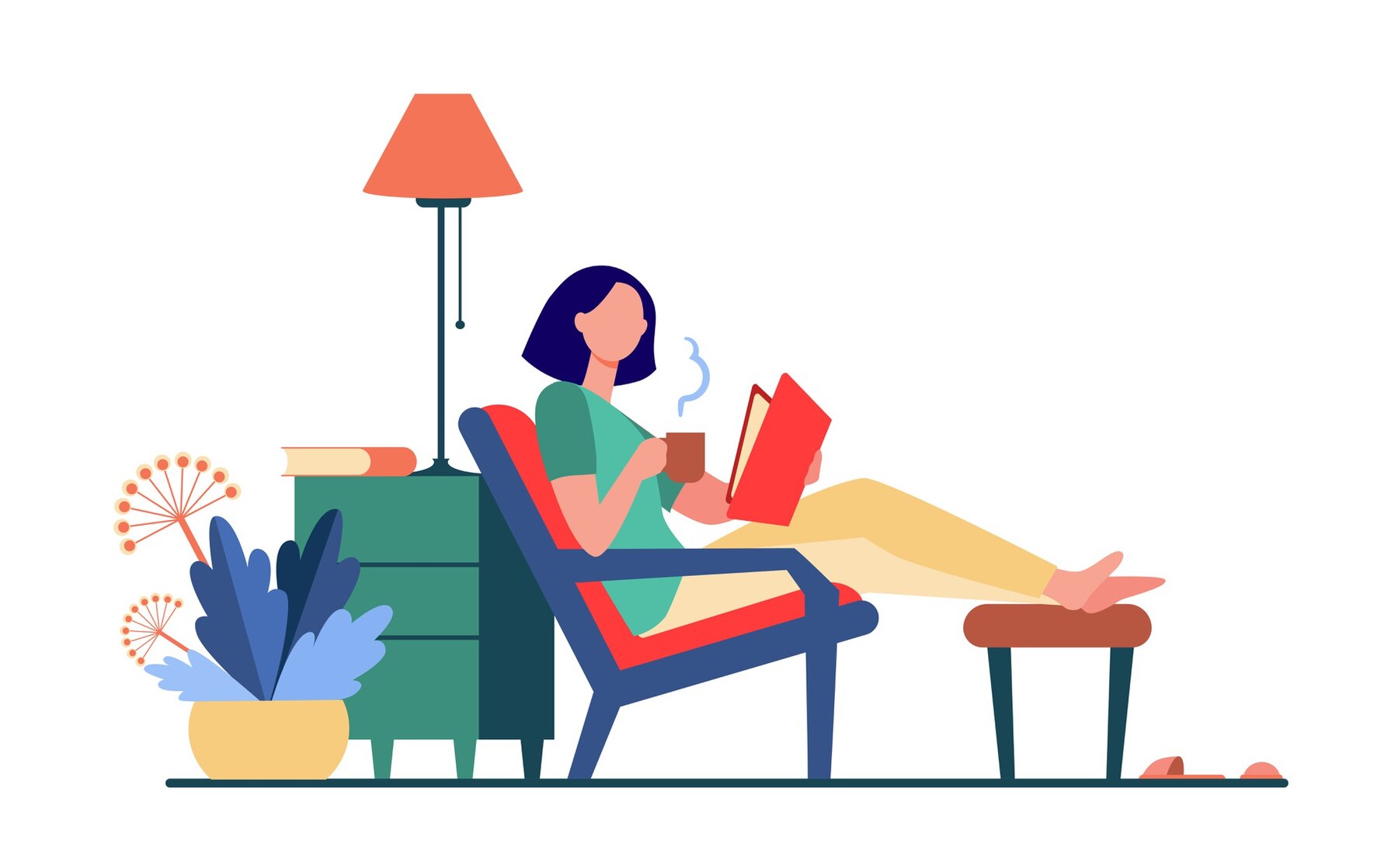 woman sitting in chair reading with coffee graphic