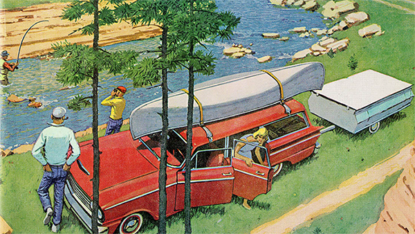 Illustration of family recreating by a stream outside of vintage car, adapted from catalog in collection